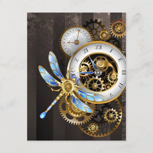 Steampunk Clock with Mechanical Dragonfly Enclosure Card (Front)