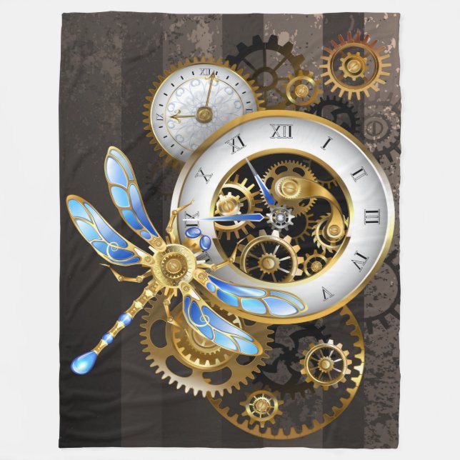 Steampunk Clock with Mechanical Dragonfly Fleece Blanket (Front)