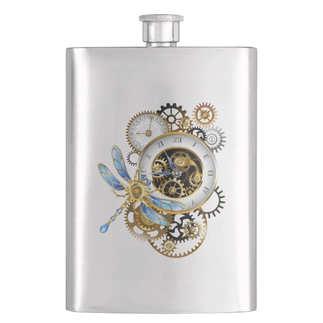 Steampunk Clock with Mechanical Dragonfly Hip Flask (Front)