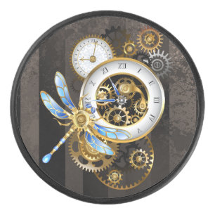 Steampunk Clock with Mechanical Dragonfly Hockey Puck