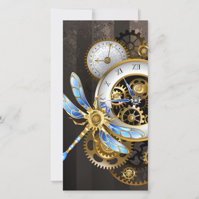 Steampunk Clock with Mechanical Dragonfly Holiday Card (Front)