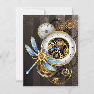 Steampunk Clock with Mechanical Dragonfly Holiday Card