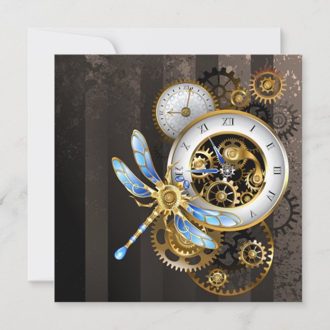 Steampunk Clock with Mechanical Dragonfly Invitation (Front)