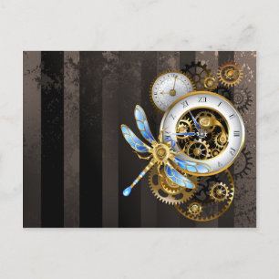 Steampunk Clock with Mechanical Dragonfly Invitation Postcard