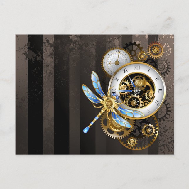 Steampunk Clock with Mechanical Dragonfly Invitation Postcard (Front)
