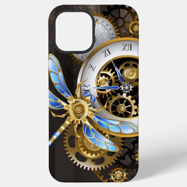 Steampunk Clock with Mechanical Dragonfly iPhone Case (Back)