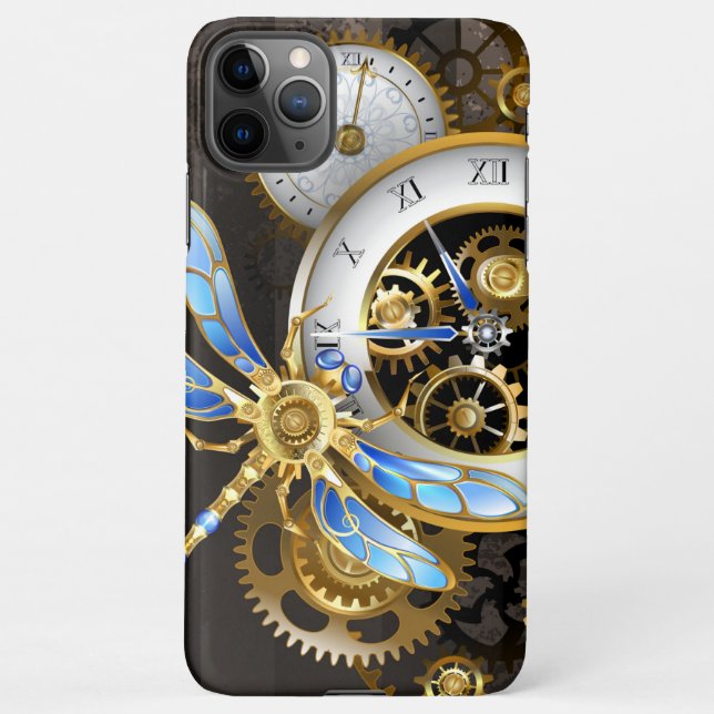 Steampunk Clock with Mechanical Dragonfly iPhone Case (Back)