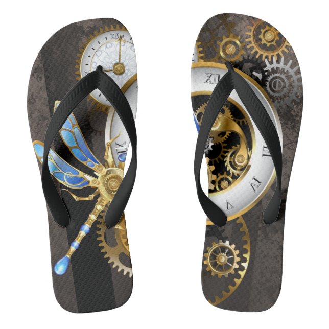 Steampunk Clock with Mechanical Dragonfly Jandals (Footbed)