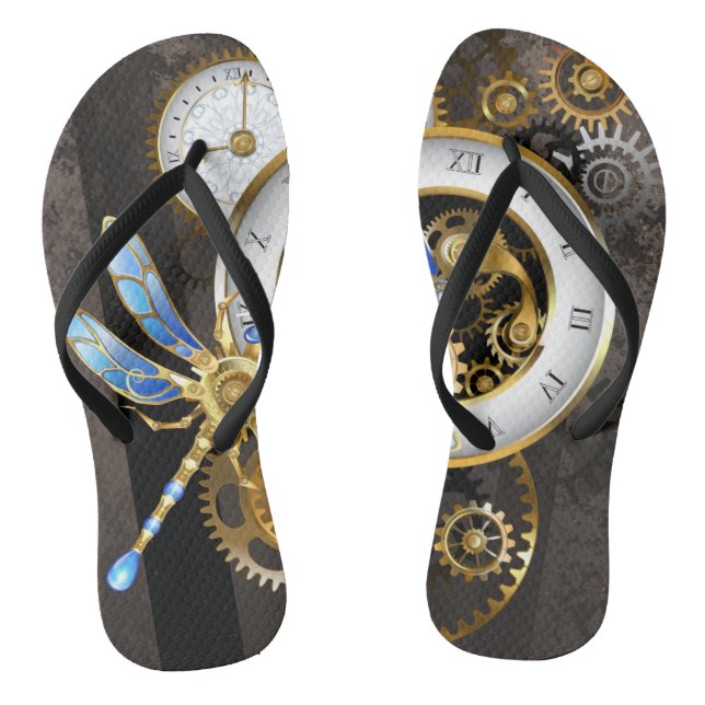 Steampunk Clock with Mechanical Dragonfly Jandals (Footbed)