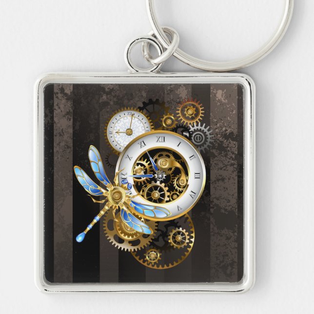 Steampunk Clock with Mechanical Dragonfly Key Ring (Front)