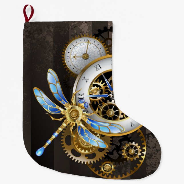 Steampunk Clock with Mechanical Dragonfly Large Christmas Stocking (Front)