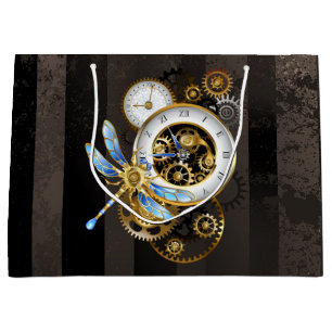Steampunk Clock with Mechanical Dragonfly Large Gift Bag