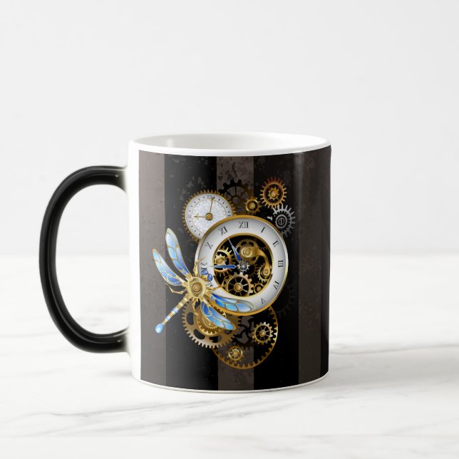 Steampunk Clock with Mechanical Dragonfly Magic Mug (Left)