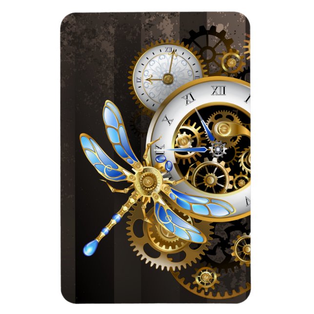Steampunk Clock with Mechanical Dragonfly Magnet (Vertical)