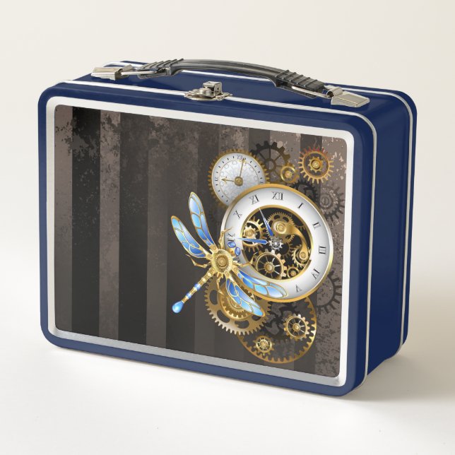 Steampunk Clock with Mechanical Dragonfly Metal Lunch Box (Front)