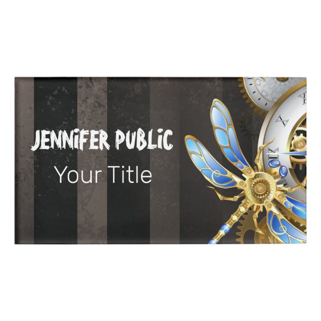 Steampunk Clock with Mechanical Dragonfly Name Tag (Front)