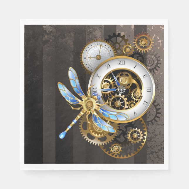 Steampunk Clock with Mechanical Dragonfly Napkin (Front)