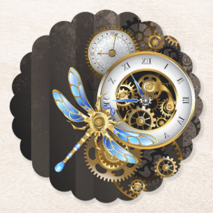 Steampunk Clock with Mechanical Dragonfly Paper Coaster