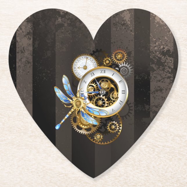 Steampunk Clock with Mechanical Dragonfly Paper Coaster (Front)