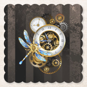 Steampunk Clock with Mechanical Dragonfly Paper Coaster