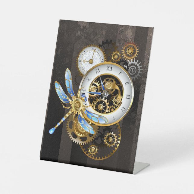 Steampunk Clock with Mechanical Dragonfly Pedestal Sign (Front)
