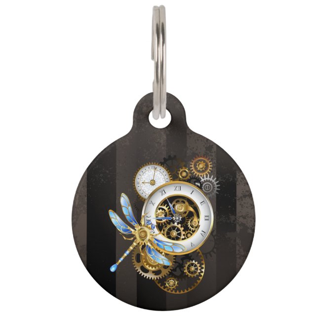 Steampunk Clock with Mechanical Dragonfly Pet Tag (Front)