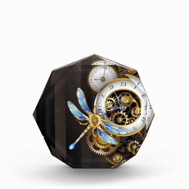Steampunk Clock with Mechanical Dragonfly Photo Block (Front)