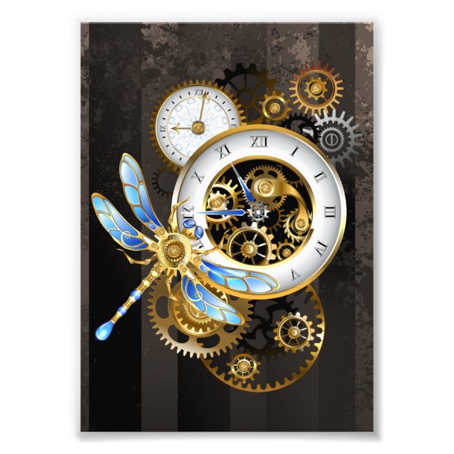 Steampunk Clock with Mechanical Dragonfly Photo Print (Front)