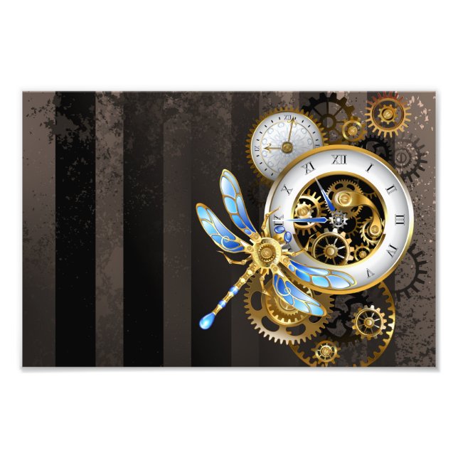 Steampunk Clock with Mechanical Dragonfly Photo Print (Front)