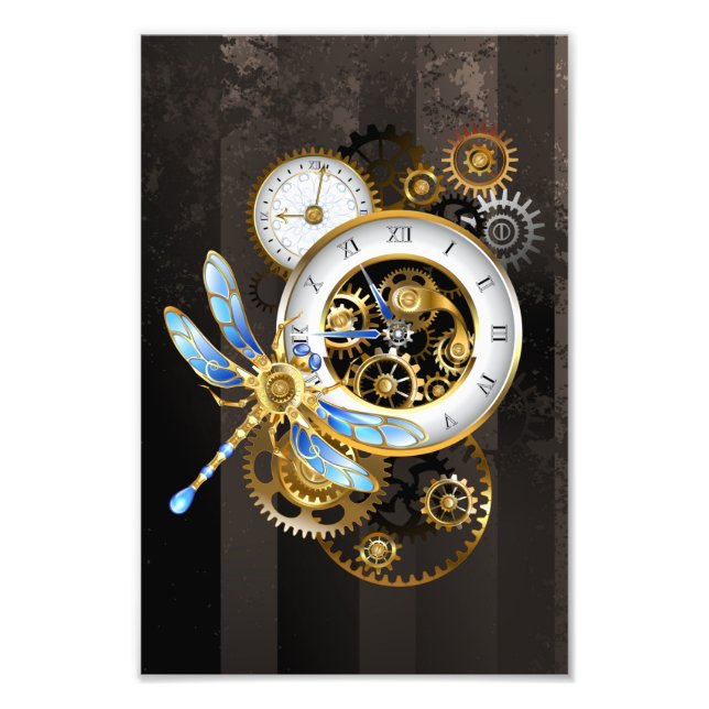 Steampunk Clock with Mechanical Dragonfly Photo Print (Front)