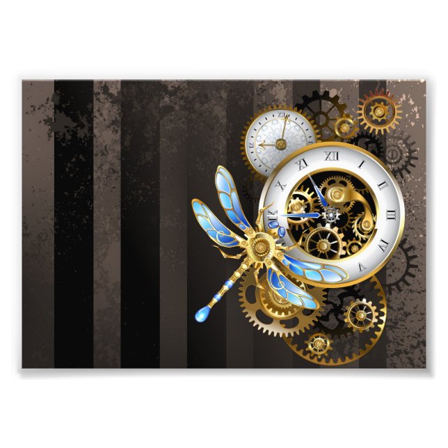 Steampunk Clock with Mechanical Dragonfly Photo Print (Front)