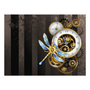 Steampunk Clock with Mechanical Dragonfly Photo Print