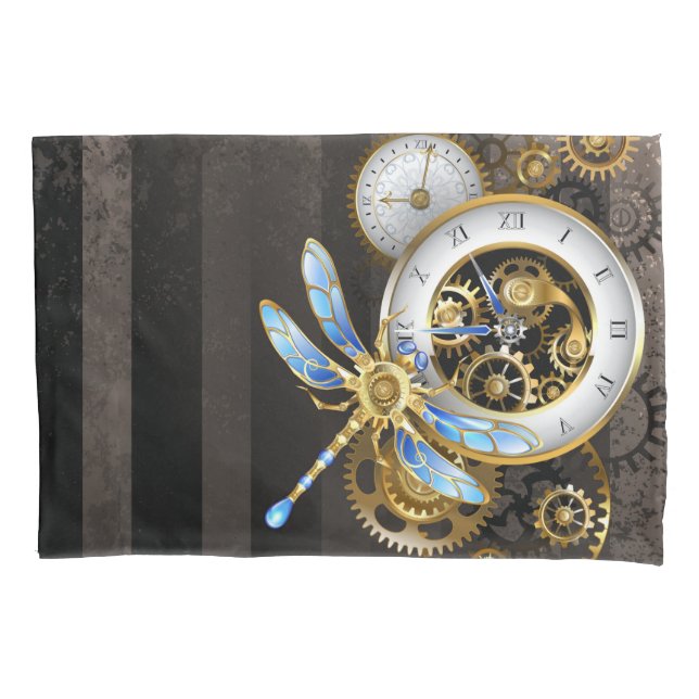Steampunk Clock with Mechanical Dragonfly Pillowcase (Front)