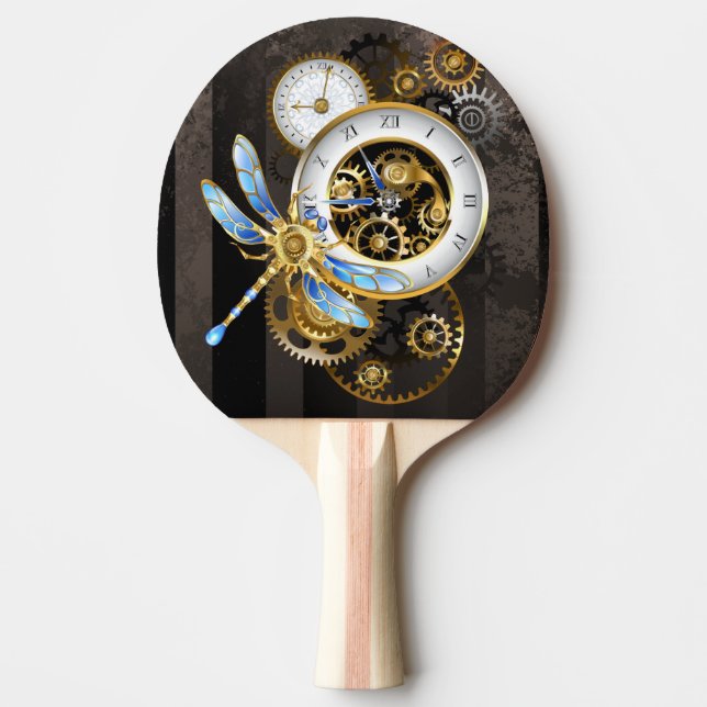 Steampunk Clock with Mechanical Dragonfly Ping Pong Paddle (Front)