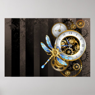 Steampunk Clock with Mechanical Dragonfly Poster