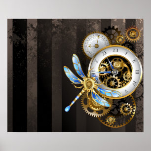 Steampunk Clock with Mechanical Dragonfly Poster
