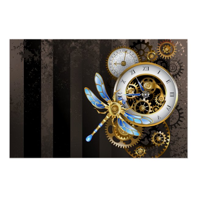 Steampunk Clock with Mechanical Dragonfly Poster (Front)