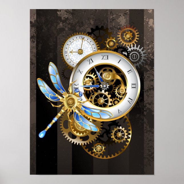 Steampunk Clock with Mechanical Dragonfly Poster (Front)