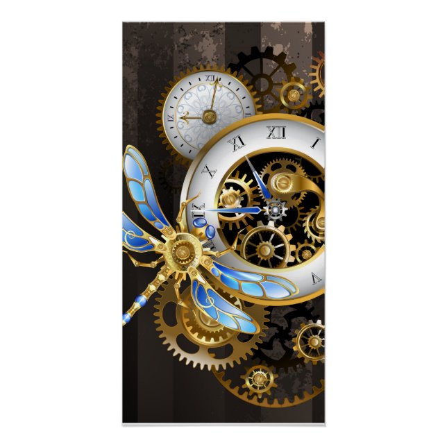 Steampunk Clock with Mechanical Dragonfly Poster (Front)