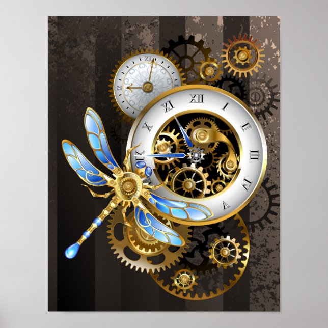 Steampunk Clock with Mechanical Dragonfly Poster (Front)