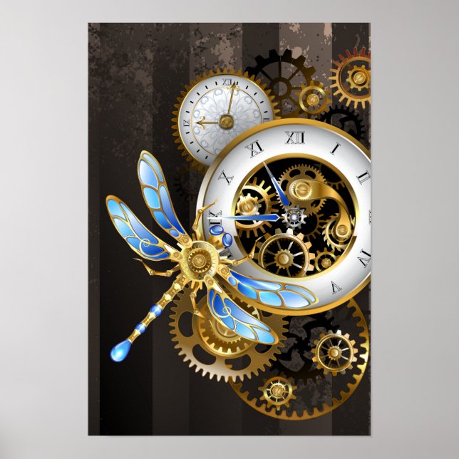 Steampunk Clock with Mechanical Dragonfly Poster (Front)