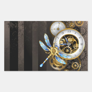 Steampunk Clock with Mechanical Dragonfly Rectangular Sticker