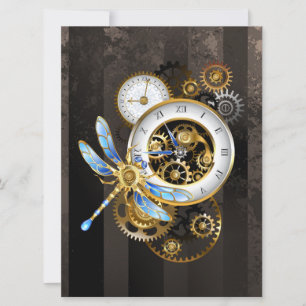 Steampunk Clock with Mechanical Dragonfly Save The Date