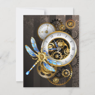 Steampunk Clock with Mechanical Dragonfly Save The Date