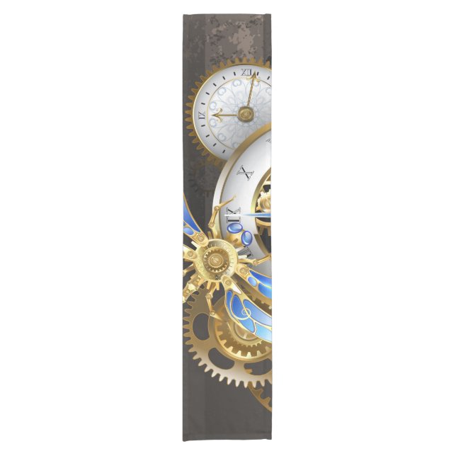 Steampunk Clock with Mechanical Dragonfly Short Table Runner (Front)