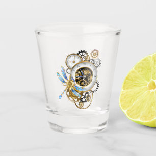 Steampunk Clock with Mechanical Dragonfly Shot Glass