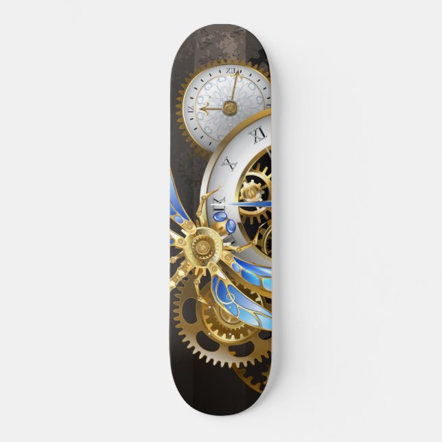 Steampunk Clock with Mechanical Dragonfly Skateboard (Front)