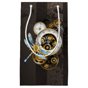 Steampunk Clock with Mechanical Dragonfly Small Gift Bag