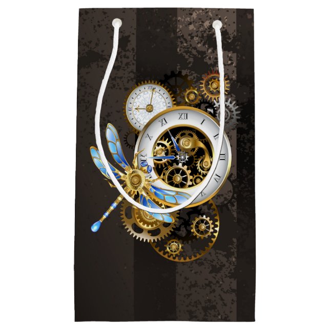 Steampunk Clock with Mechanical Dragonfly Small Gift Bag (Front)