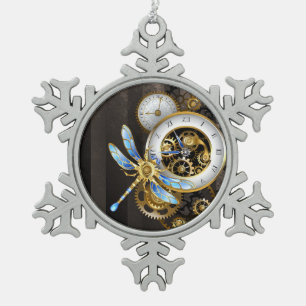 Steampunk Clock with Mechanical Dragonfly Snowflake Pewter Christmas Ornament